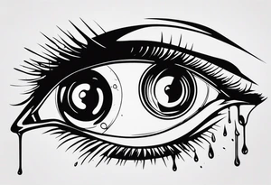 A realistic human eye crying tears of blood with a reflection of two black shadows or people holding guns at two wounded people on the floor tattoo idea