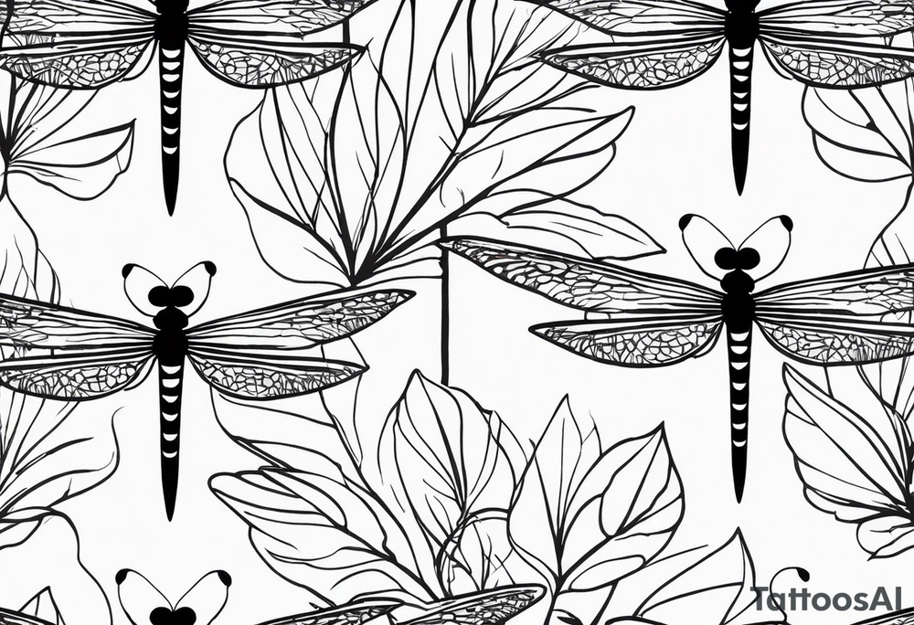 A black-and-white silhouette pattern of dragonflies with delicate wings and leaves. The dragonflies are depicted in sharp, elegant lines, their wings outlined in bold black, while their bodies are slender and precise. The leaves surrounding them are simplified into flowing, abstract shapes, outlined in solid black, with no shading or gradient. The background is minimalistic, with soft, cloud-like shapes in white, adding texture to the design. The entire pattern is a strong contrast between solid black silhouettes of dragonflies and leaves against a white backdrop, capturing movement and nature in a high-contrast, stylized form. tattoo idea