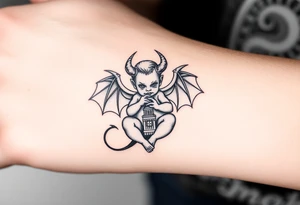 Demon baby with halo and angle wings and clock tower behind him tattoo idea