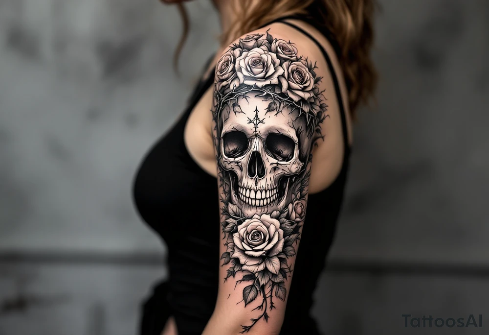 ornate skull adorned with crown of wild roses and thorns tattoo idea