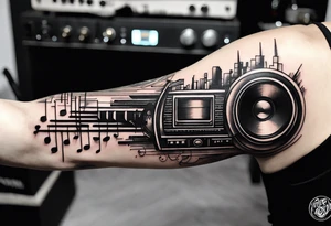 A forearm tattoo about electronic music. Not too minimalistic but not too detailed. Abstract. No speakers tattoo idea