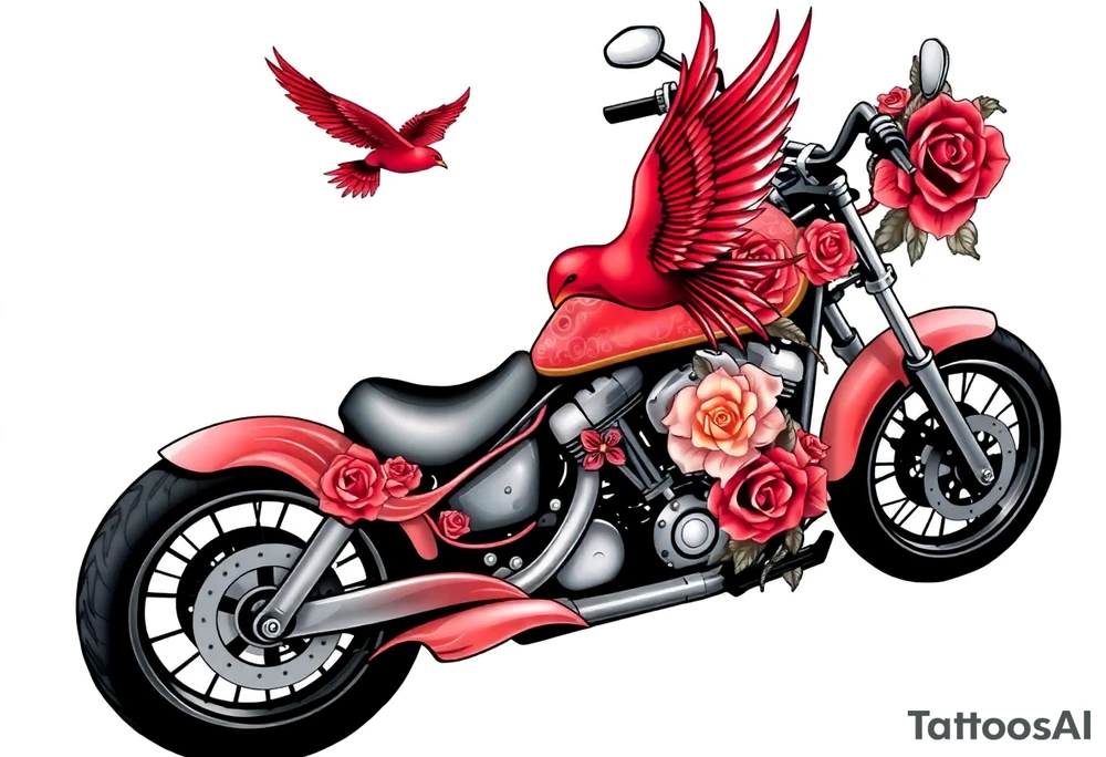 Motorcycle, red bird flying, roses and lace, flames tattoo idea
