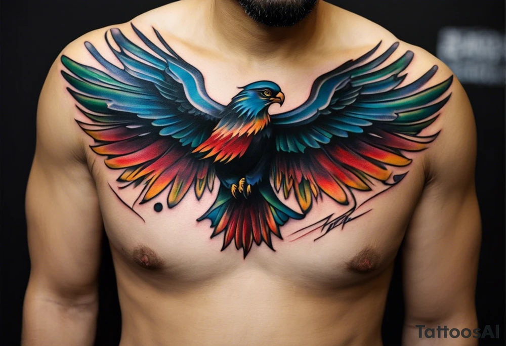 Wide tattoo that appears to be bursting out of the skin, symbolizing freedom. The tattoo should be vibrant and dynamic, with bold lines and colors that evoke a sense of liberation and empowerment. Consider incorporating elements such as broken chains, or other symbols of freedom. The tattoo should be visually striking and thought-provoking, inviting the viewer to reflect on the importance of personal freedom. tattoo idea
