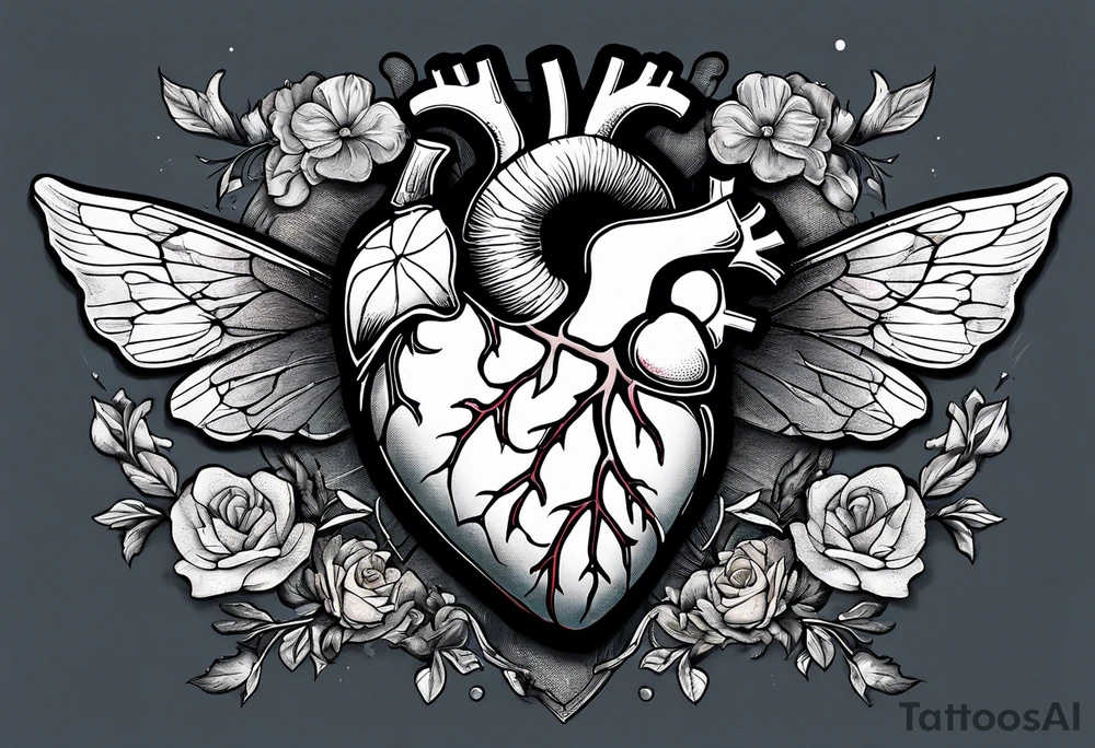 Anatomical heart, broken, laying on ground, Moth flying above the heart tattoo idea