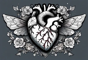 Anatomical heart, broken, laying on ground, Moth flying above the heart tattoo idea