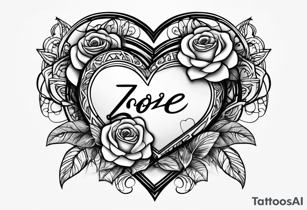 Zoe name written within a heart and rose tattoo idea