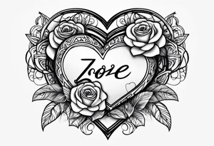 Zoe name written within a heart and rose tattoo idea