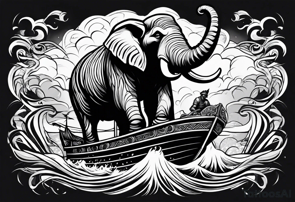 mammoth tribal on right chest going into a storm cloud thats on the arm awith a ship below tattoo idea
