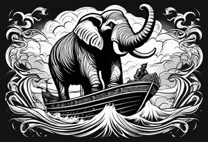mammoth tribal on right chest going into a storm cloud thats on the arm awith a ship below tattoo idea