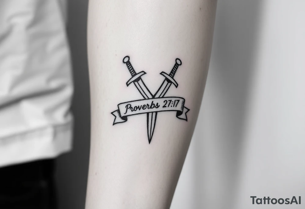 Two crossed swords in a forearm tattoo sketch style, with a flowing banner that reads “Proverbs 27:17” Black ink, simple and bold. tattoo idea