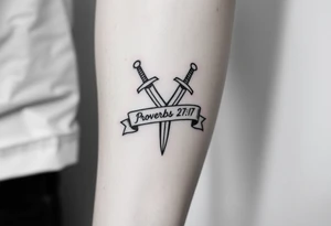 Two crossed swords in a forearm tattoo sketch style, with a flowing banner that reads “Proverbs 27:17” Black ink, simple and bold. tattoo idea