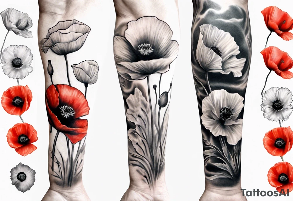 Sleeve with 14 poppies, one black and white. military themed tattoo idea