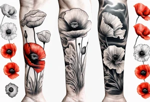 Sleeve with 14 poppies, one black and white. military themed tattoo idea
