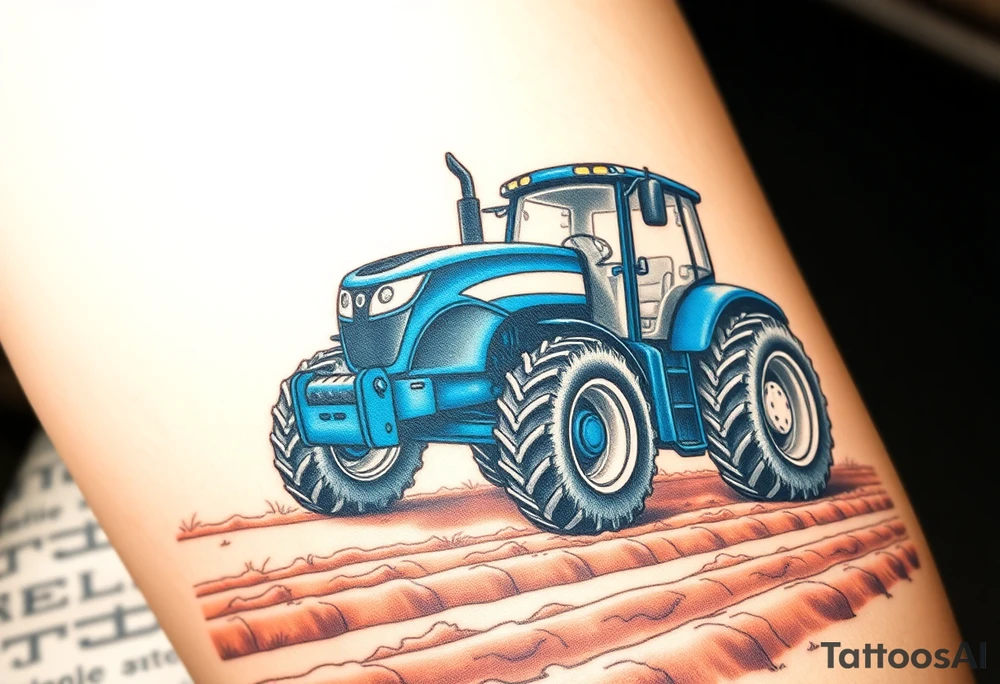 A detailed blue tractor with headlights glowing, standing proudly on a freshly tilled farm field. tattoo idea