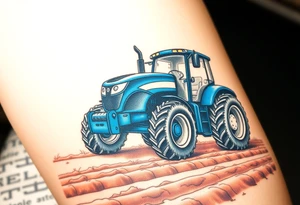 A detailed blue tractor with headlights glowing, standing proudly on a freshly tilled farm field. tattoo idea