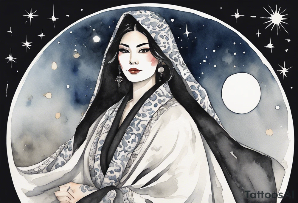 a watercolor of a beautiful 45-year-old Persian woman wearing black and white cloak with the night sky in the background tattoo idea
