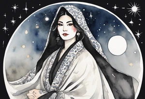 a watercolor of a beautiful 45-year-old Persian woman wearing black and white cloak with the night sky in the background tattoo idea