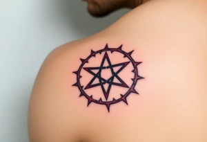 A pentagram surrounded by thorns, with deep reds and blacks, representing occult power and mystery tattoo idea