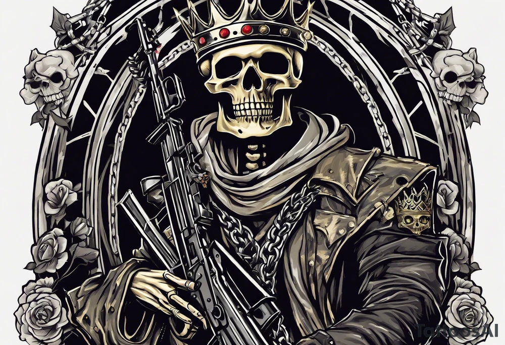 image of a skeleton standing frontally with a crown on his head, holding an AK-47 on his shoulder with his right hand. The chain on the left should be taut, there are three angry barking Dobermans in it, near the waist tattoo idea