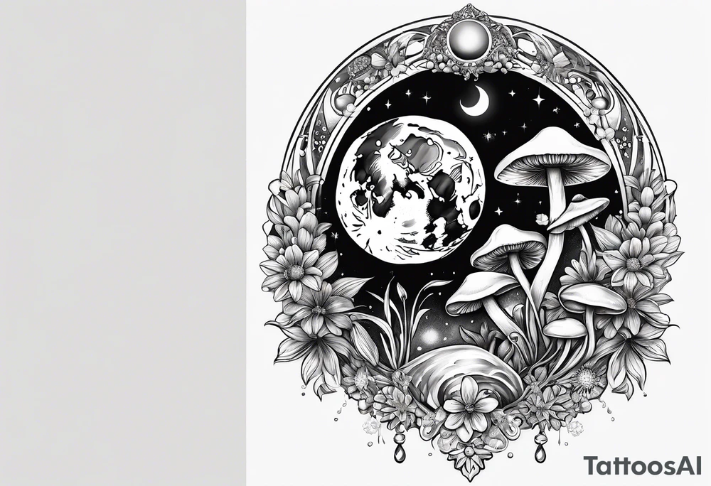 moon with crystals, mushrooms, and lily’s and daisy’s tattoo idea