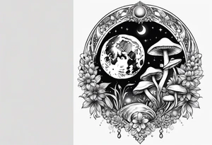 moon with crystals, mushrooms, and lily’s and daisy’s tattoo idea