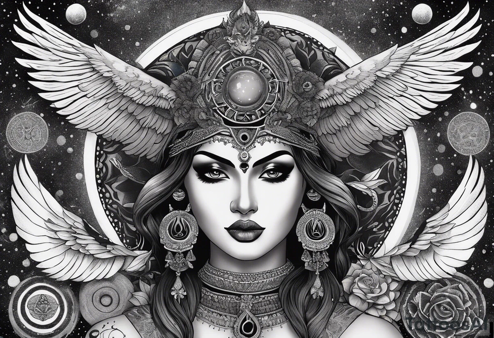 black kali, goddess pirate, alien, angel, pachamama, valkrye, warrior, flying, skull, lotus azul, wing, eagle, zenza resonance, stars, 5D, anahata chakra, death, durga, riding on a tiger, flying lady, kundalini, chest tatoo, samuri, rebel, serpent tattoo idea