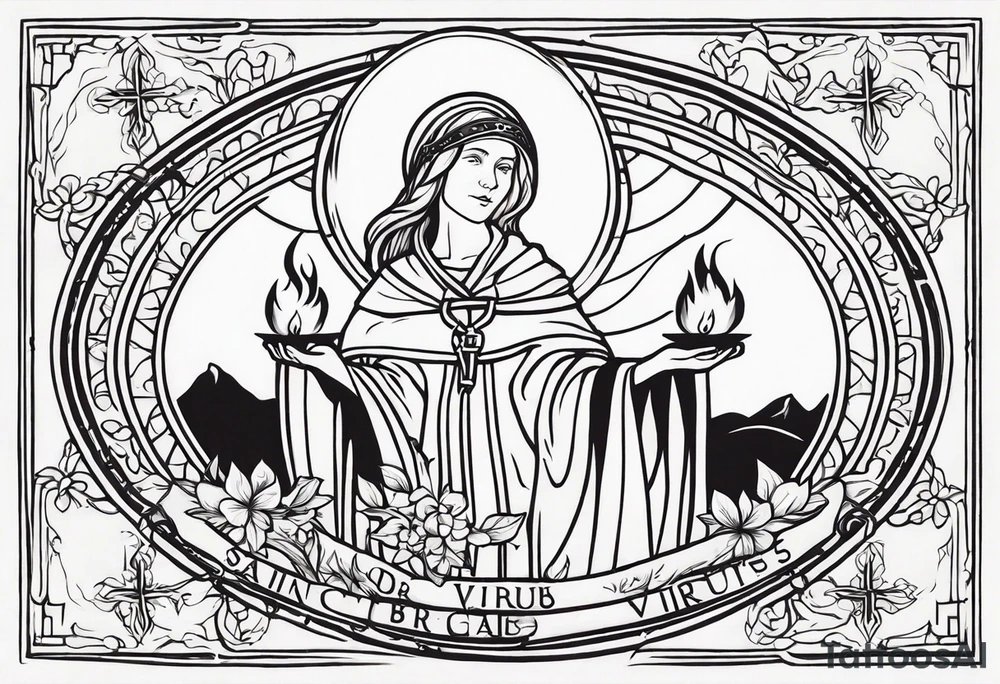 A full back piece themed on the surname mcbride and the irish saint brigid. It should take inspiration from artwork of saint brigid holding fire in her hands. It should have the text Vincit Pericula Virtus on it tattoo idea