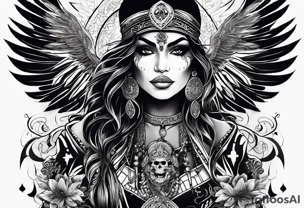 kali, goddess pirate, pachamama, valkrye, warrior, skull, lotus azul, wing, eagle, zenza resonance, stars tattoo idea