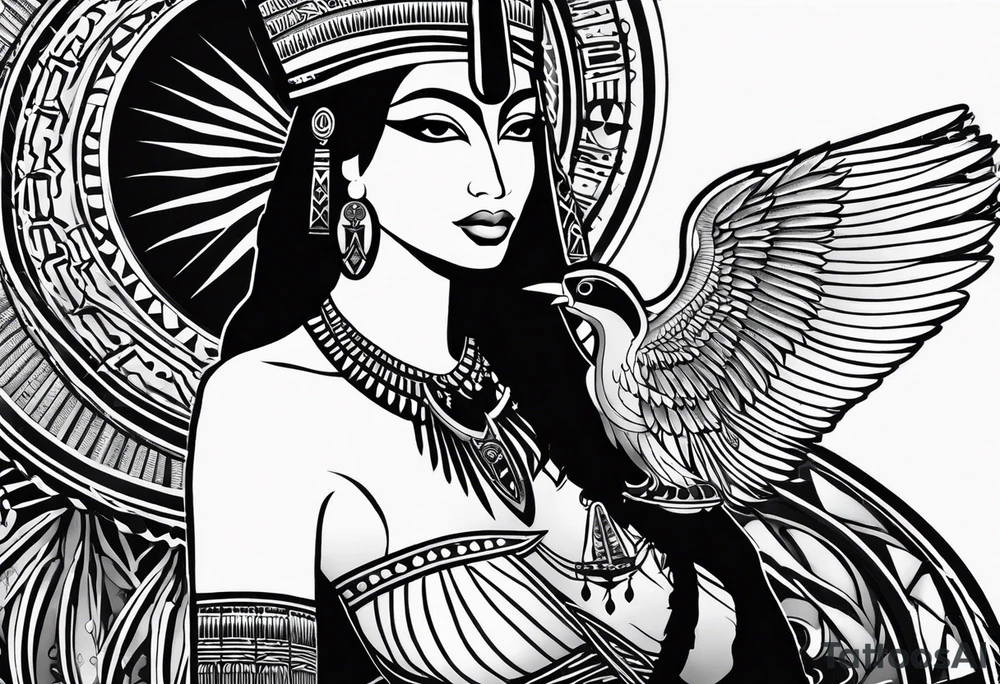 black and white Egyptian goddess Isis, who is often depicted as a woman with outstretched wings, holding an ankh (a symbol of life) in one hand and a lotus flower in the other. Her headdress often includes a throne or a solar disk. The tattoo design can vary in style and size, but it typically aims to capture the essence of this revered Egyptian deity, emphasizing her beauty, power, and maternal qualities. The choice of colors and additional elements can also be customized to create a unique and visually striking representation of the goddess Isis tattoo idea