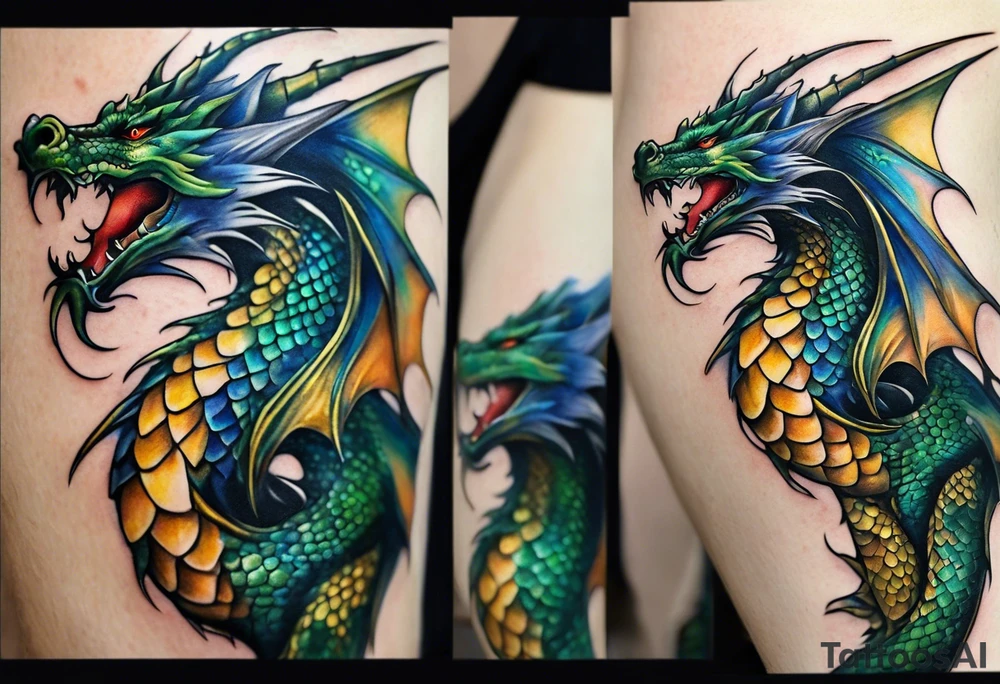 An epic dragon, its body coiling dynamically, with scales and horns detailed to create a sense of movement and strength. The dragon features accents in green, blue, and gold, giving a vibrant depth and a mystical aura. This tattoo highlights the dragon’s fierce expression and sharp claws as it wraps protectively around the leg. Style: Realism tattoo idea