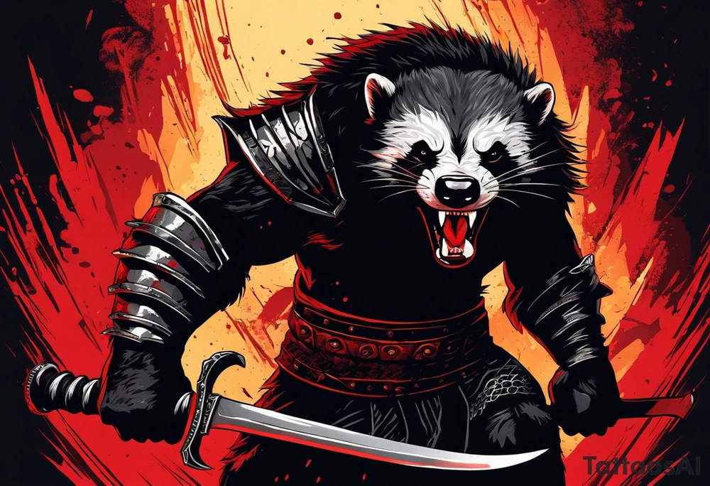 Draw me psychopath Honey Badger/Berserker with aggressive full body, killer face with a scary smile, very long nails and he attacks like a Bloody Assassin/Warrior/Gladiator to us and also, he has very deadly looking. He fights with his nails. Everybody scares after their first sight. Give me horror type Badger Tattoo. I want to see his Realistic full body with no weapons. tattoo idea