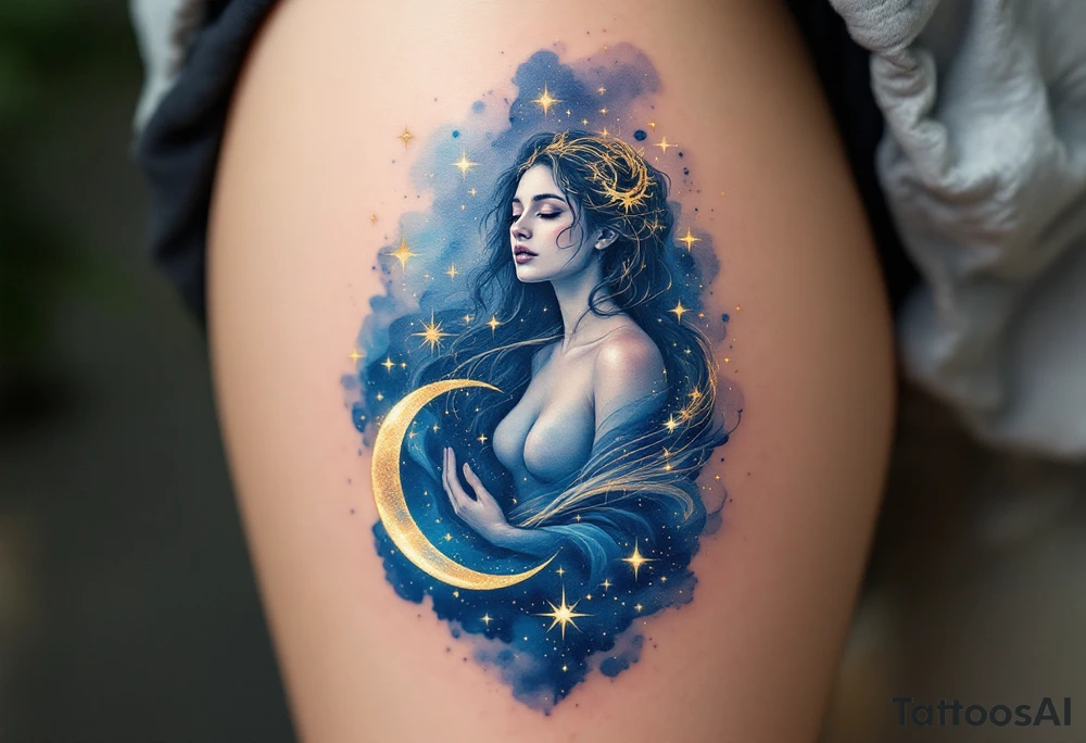 A sleek Virgo figure embedded within a celestial design. Surrounding it are glowing stars, a crescent moon, and swirling cosmic dust in deep midnight blue and shimmering gold, representing Virgo’s connection to intelligence and mysticism. tattoo idea