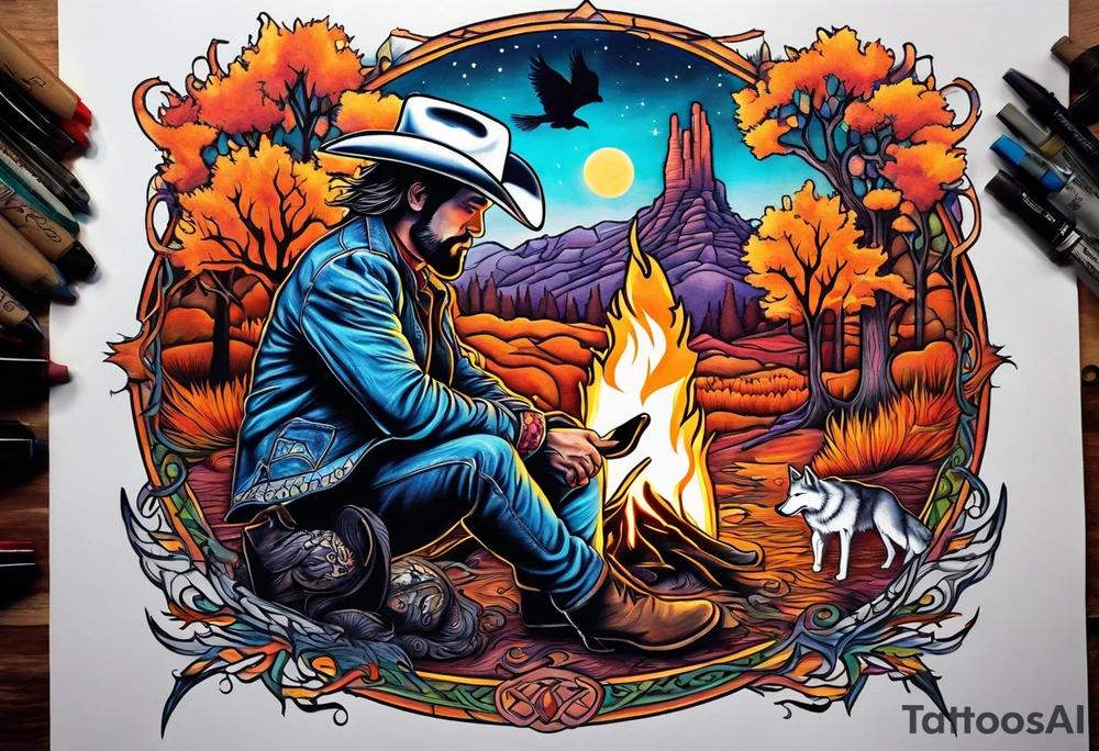 ghostly cowboy sitting in front of a fire with the tree of life behind him and a wolf and a raven tattoo idea