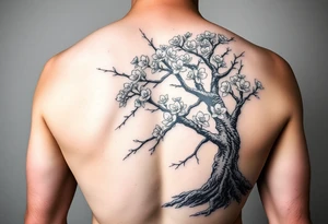 japanese cherry blossom tree as a side tattoo that goes into a chest piece and a left arm sleeve with the roots being below the waste line tattoo idea