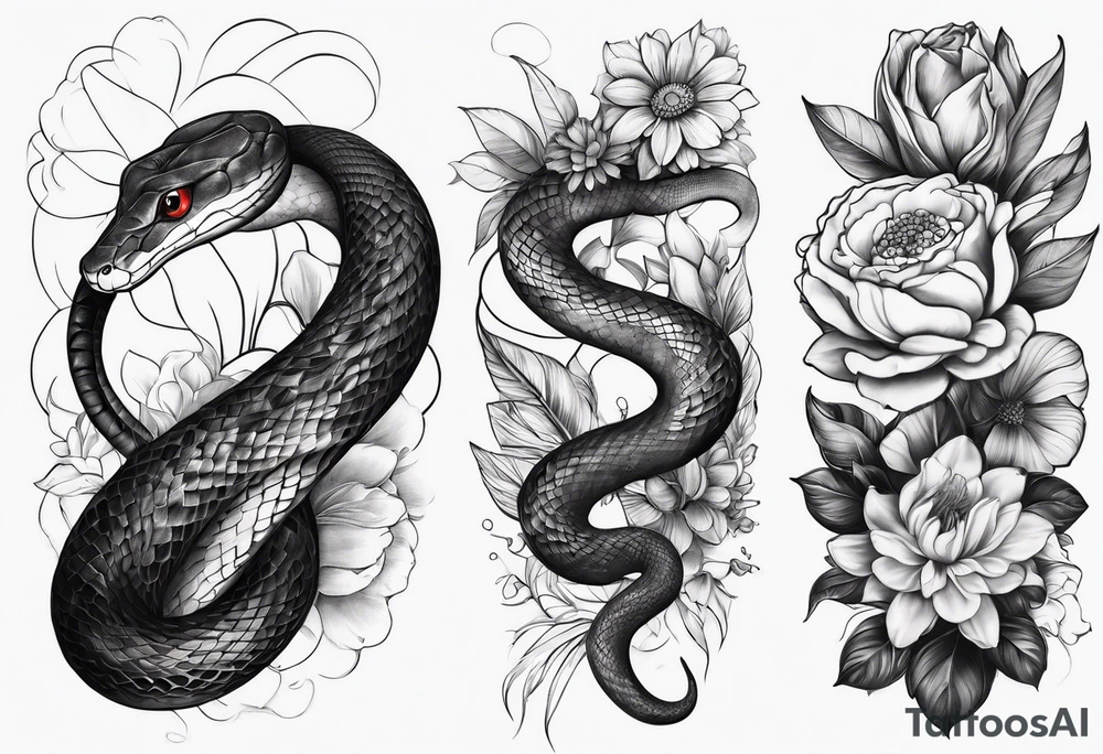 High contrast black and grey forearm snake and flower sleeve tattoo idea