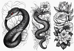 High contrast black and grey forearm snake and flower sleeve tattoo idea
