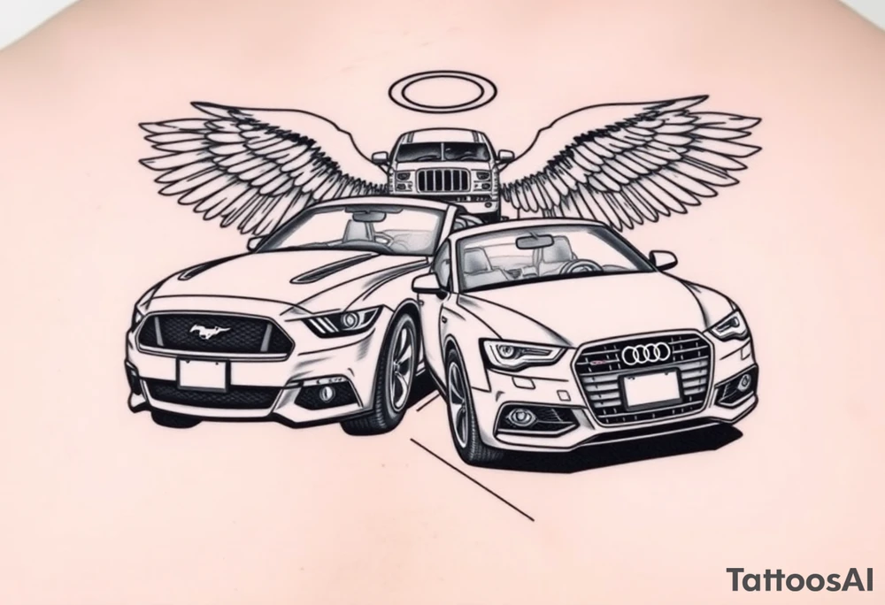 2014 Mustang GT driving down highway with 2015 Audi S5 with Angel wings and halo above 2015 Audi S5 tattoo idea