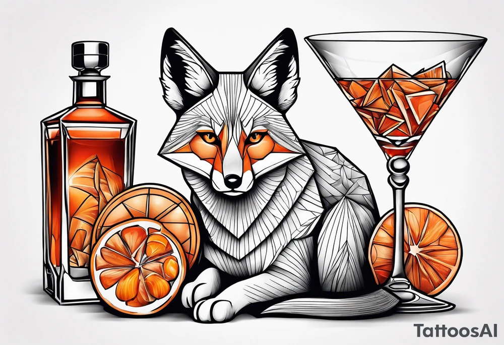 Geometric sly fox with one Negroni in short lowball cocktail glass with ice and orange peel tattoo idea