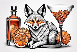 Geometric sly fox with one Negroni in short lowball cocktail glass with ice and orange peel tattoo idea