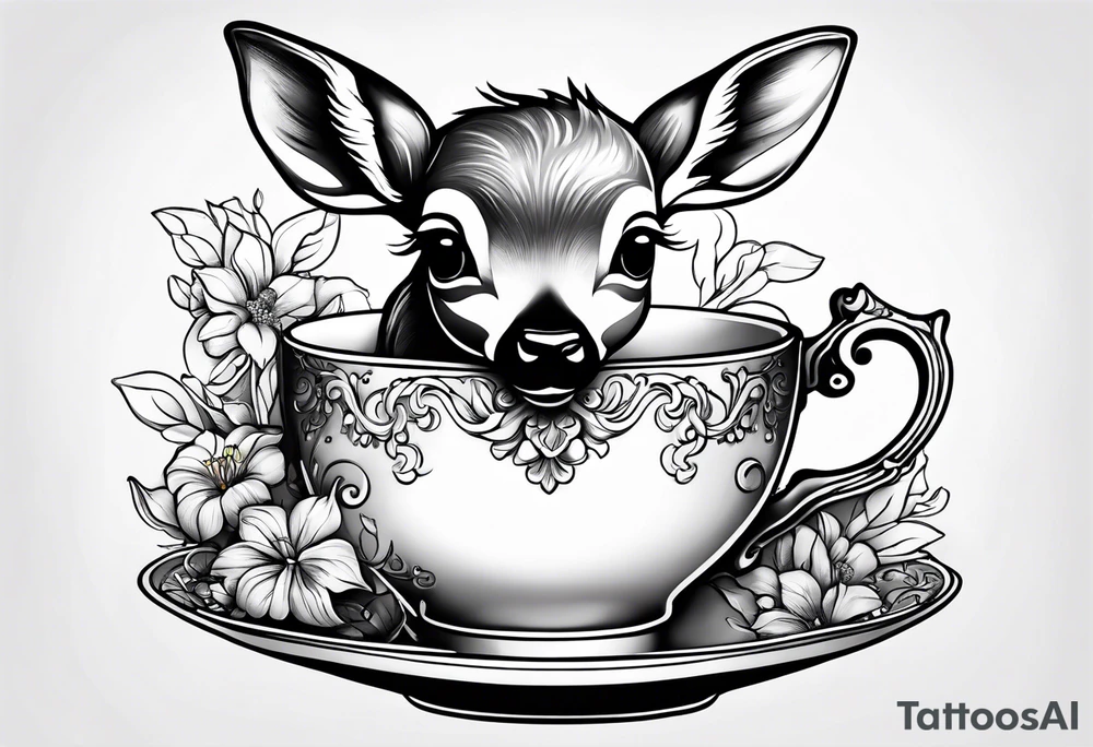 simple line art fawn in a victorian teacup tattoo idea