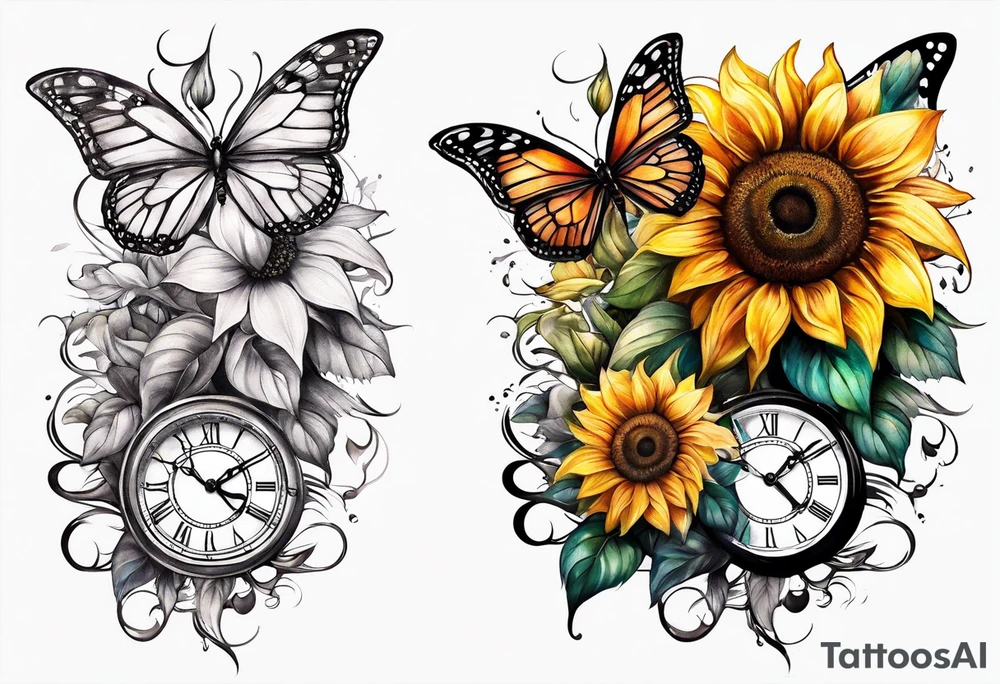 Sleeve with clock, sunflower and butterfly tattoo idea