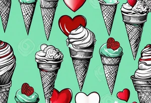 simple mint chocolate chip ice cream cone with small red heart on it somewhere. tattoo idea