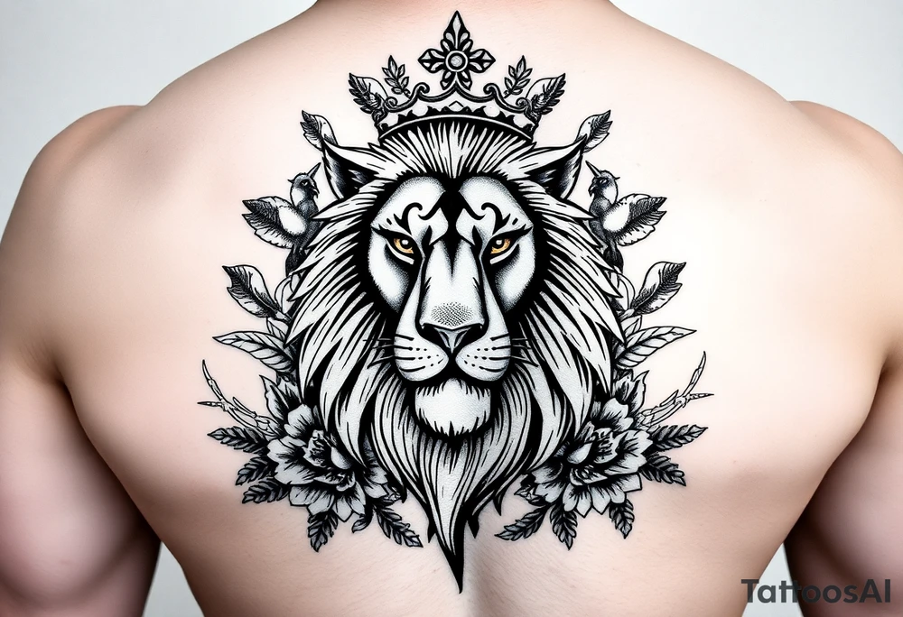 powerful majestic lion with a crown, surrounded by floral ornaments and birds tattoo idea