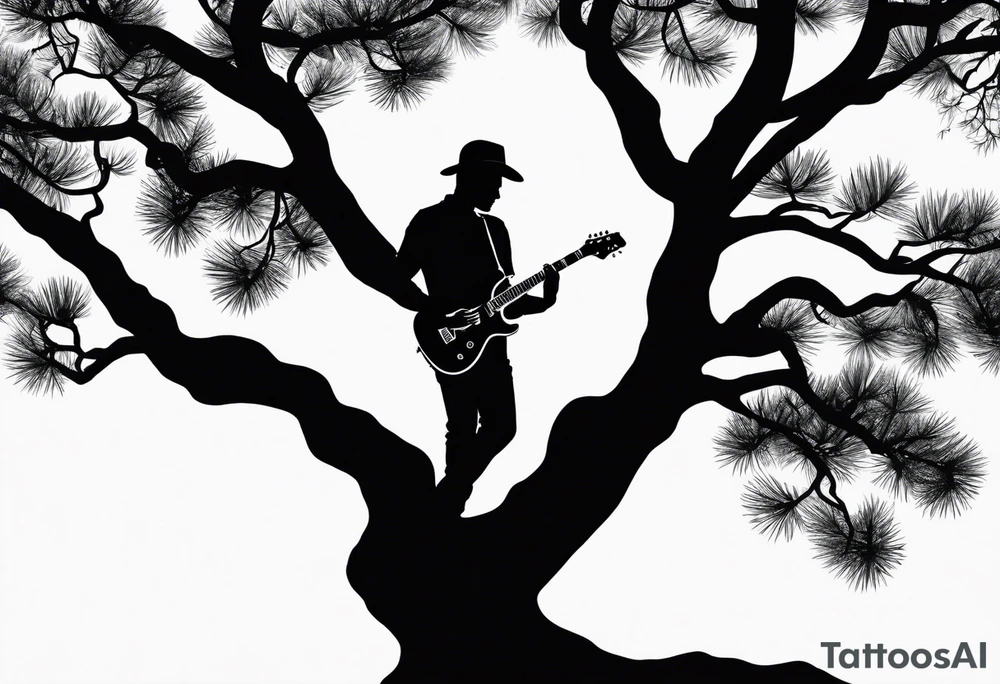 silhouette of a man playing electric guitar while sitting in a pine tree. tattoo idea
