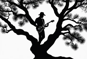silhouette of a man playing electric guitar while sitting in a pine tree. tattoo idea