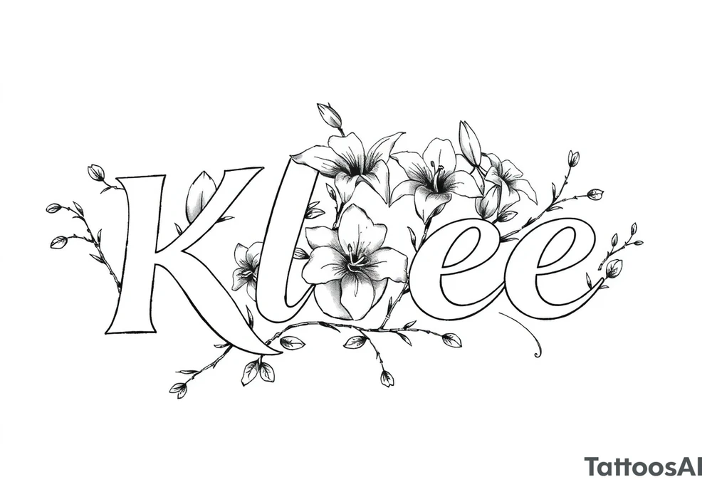 The word Kloee surrounded by big
lilies with the vines in letters tattoo idea