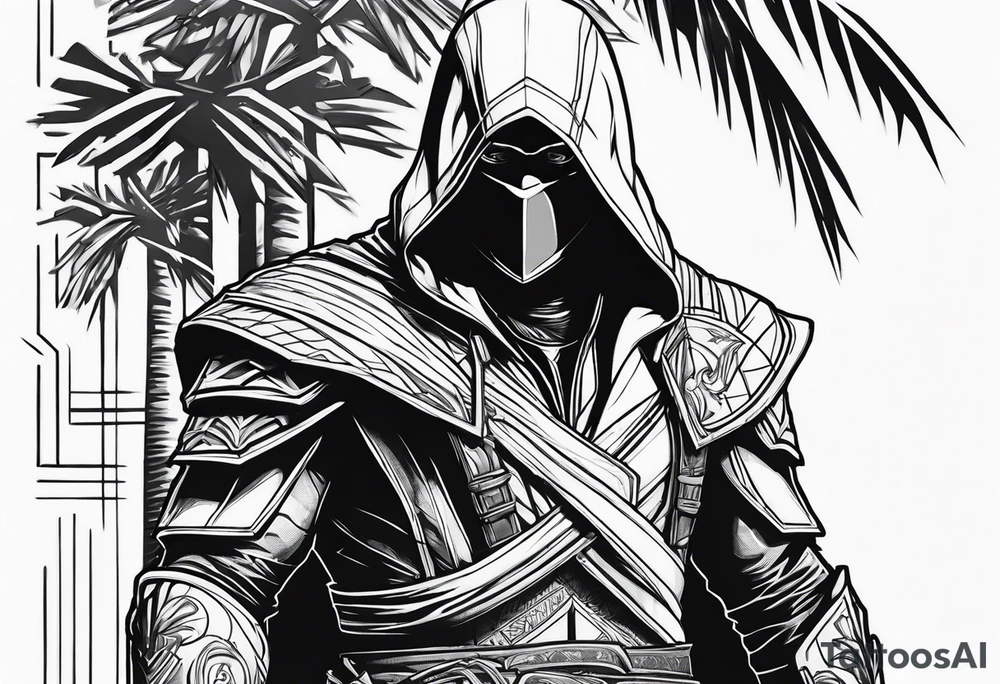 assassins creed character that is in the style of tron with palm trees tattoo idea