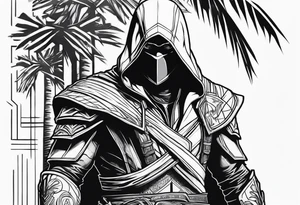 assassins creed character that is in the style of tron with palm trees tattoo idea