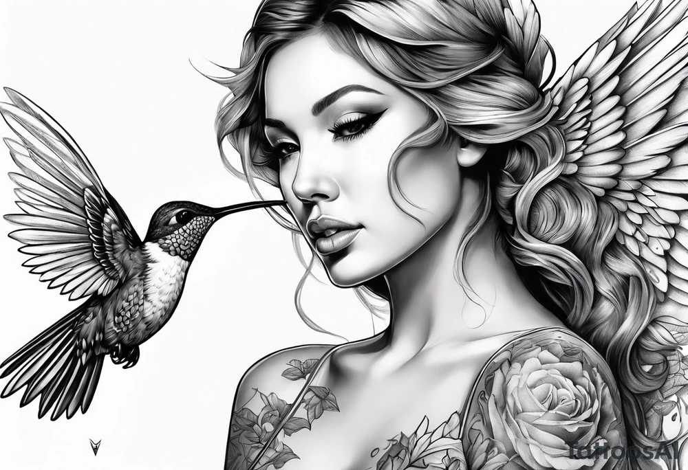 hummingbird with fallen angel tattoo idea