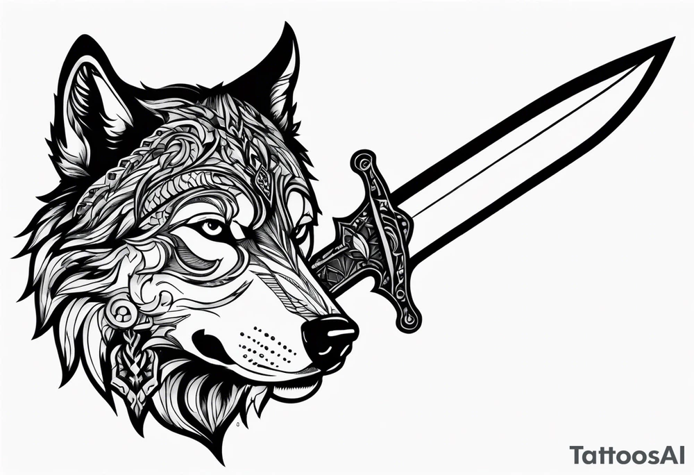 a head of savage wolf with a sword in its mouth tattoo idea